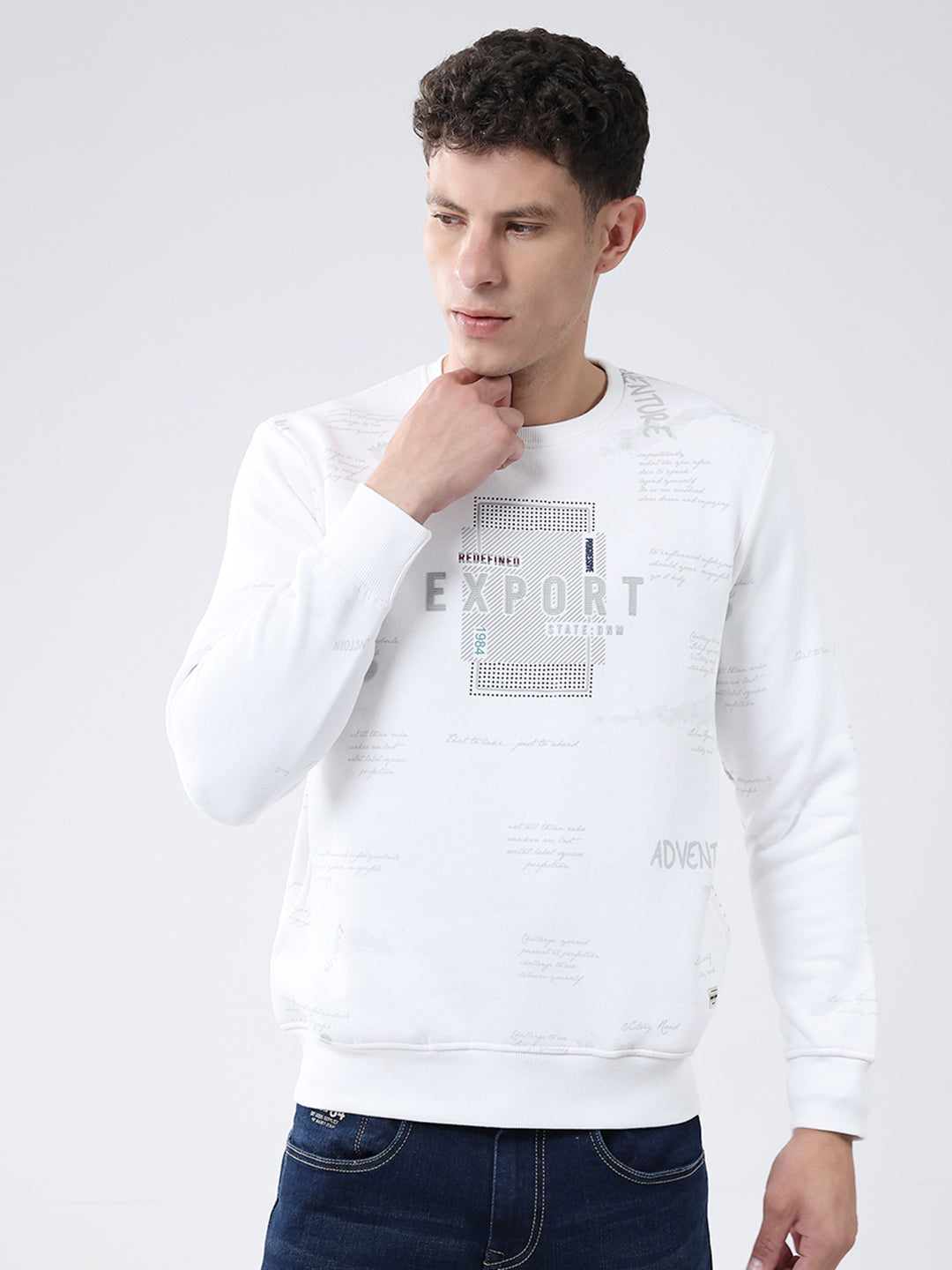 Men White Printed Round Neck Full Sleeve Sweatshirt