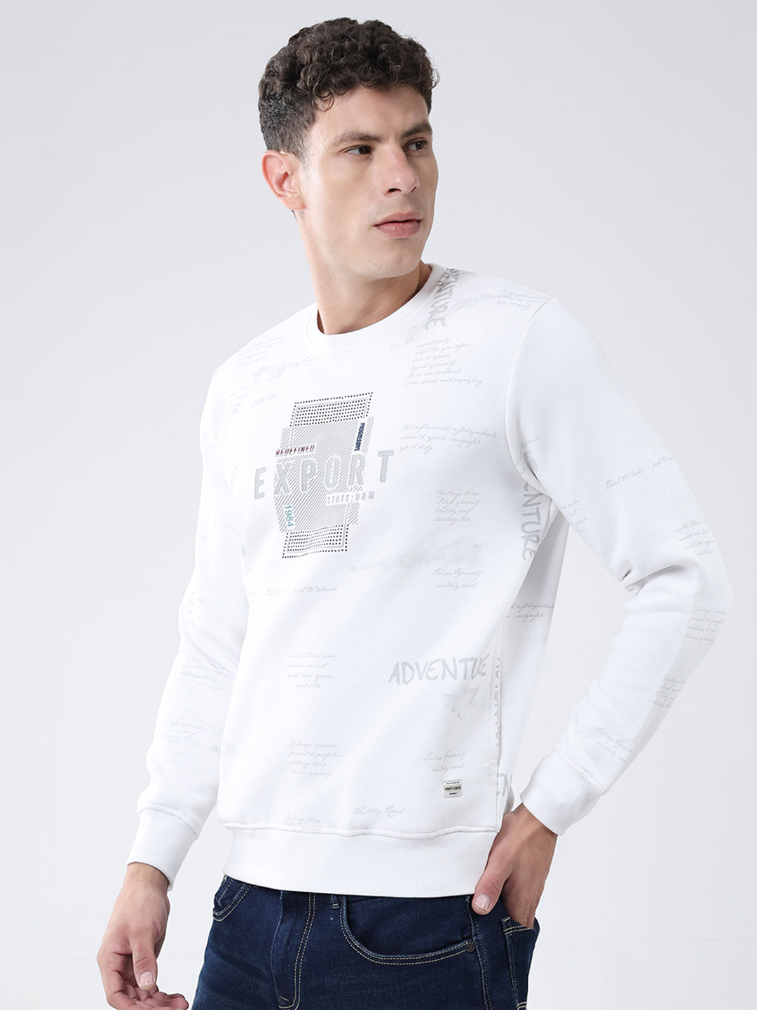Men White Printed Round Neck Full Sleeve Sweatshirt