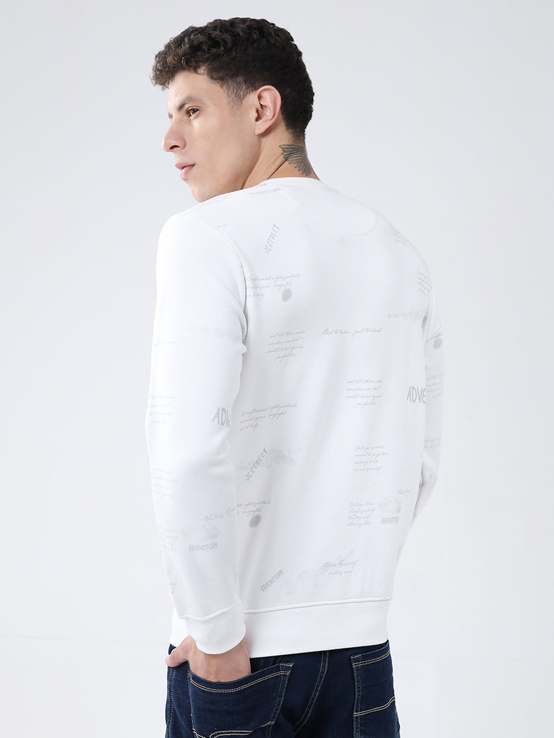 Men White Printed Round Neck Full Sleeve Sweatshirt