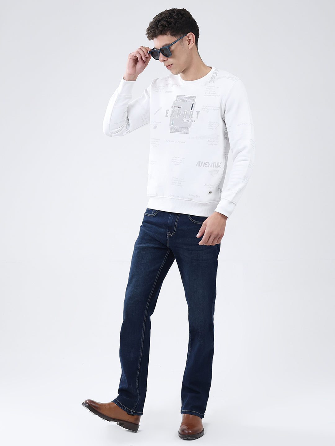 Men White Printed Round Neck Full Sleeve Sweatshirt