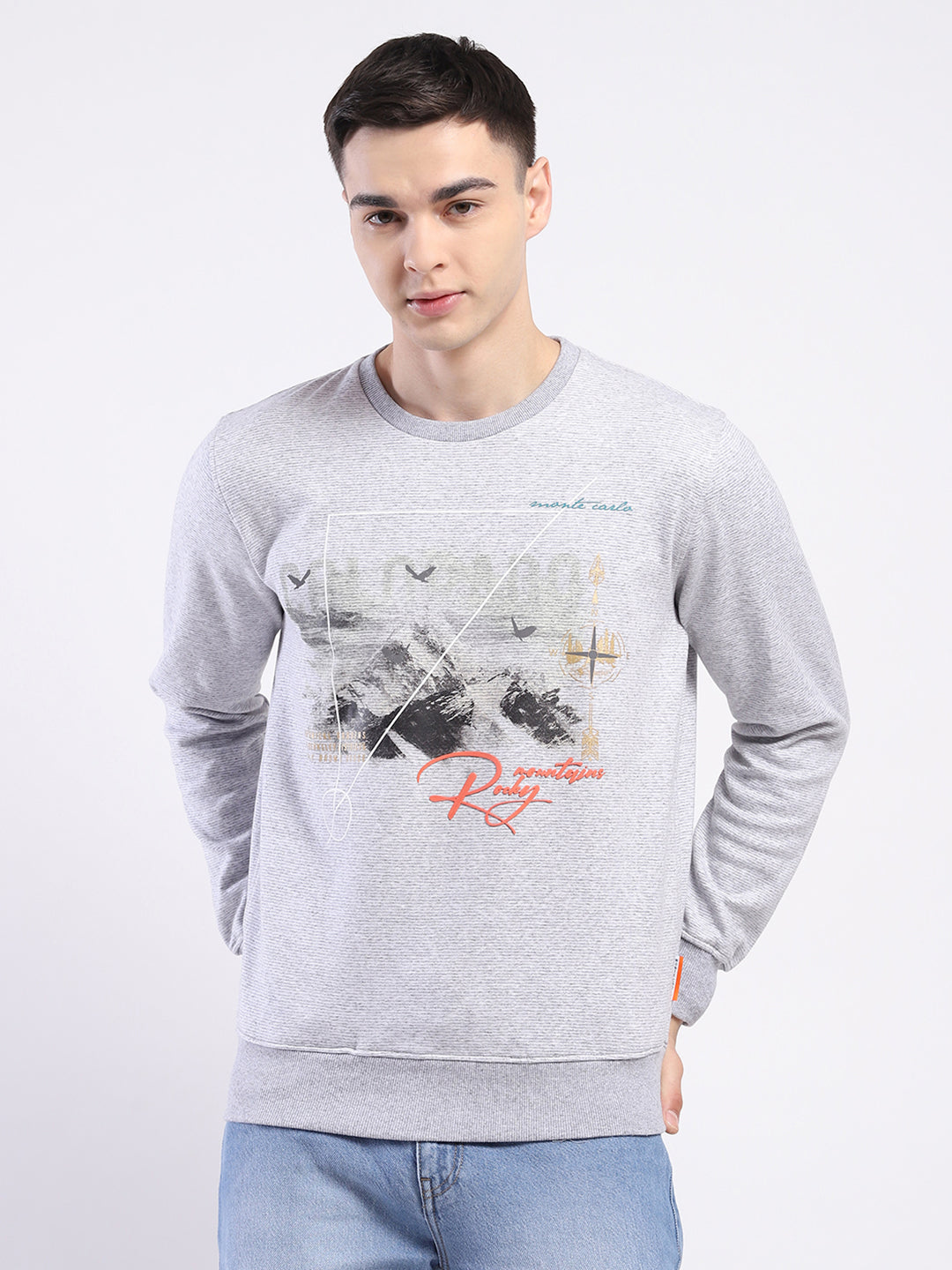 Men Grey Printed Round Neck Full Sleeve Sweatshirt
