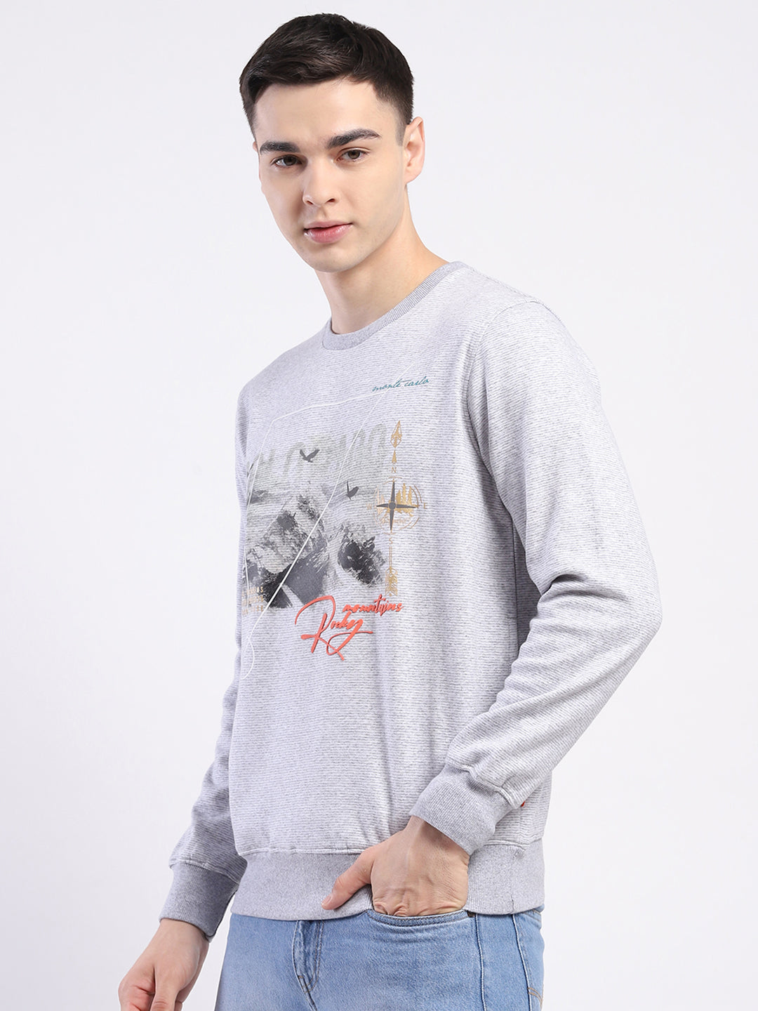 Men Grey Printed Round Neck Full Sleeve Sweatshirt