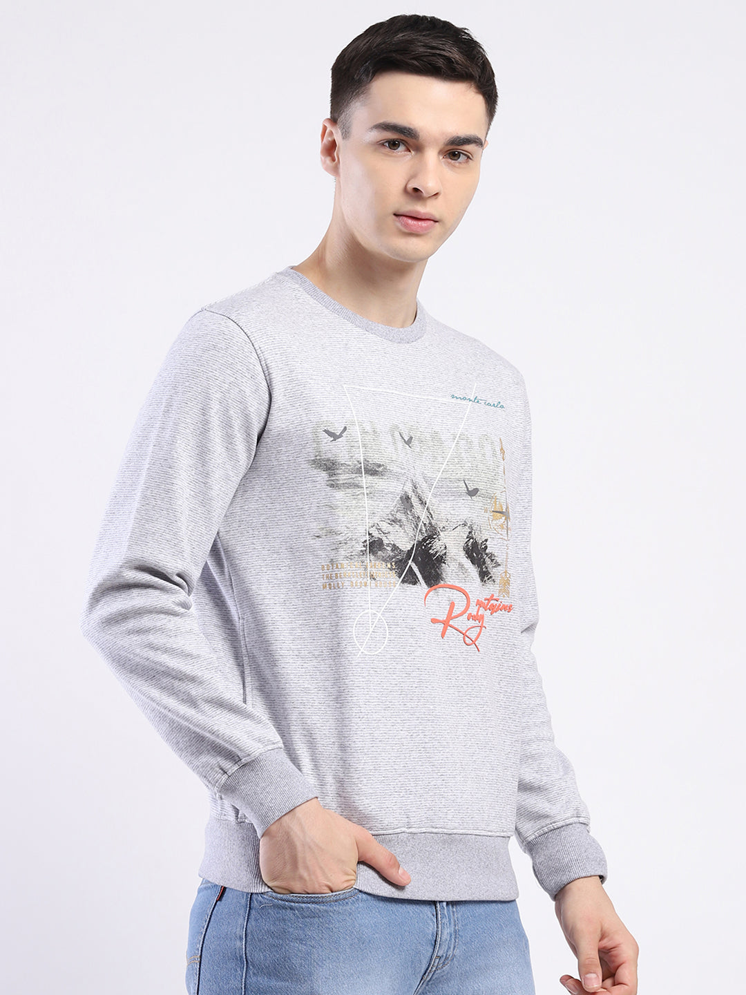 Men Grey Printed Round Neck Full Sleeve Sweatshirt