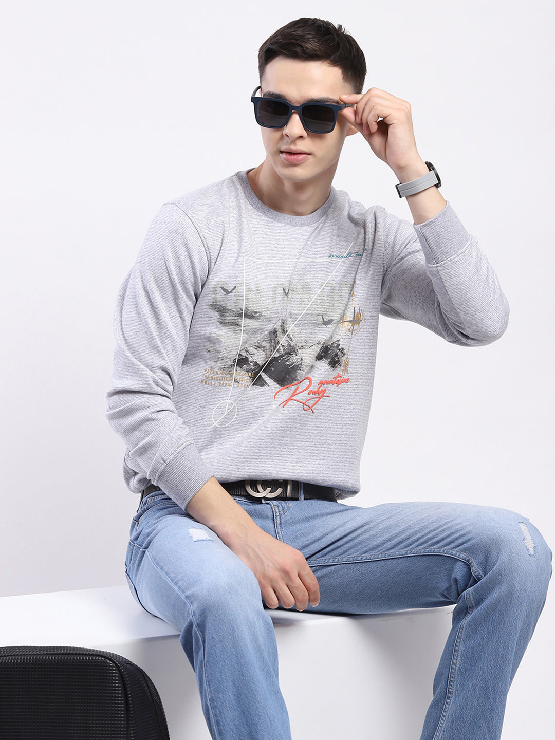 Men Grey Printed Round Neck Full Sleeve Sweatshirt