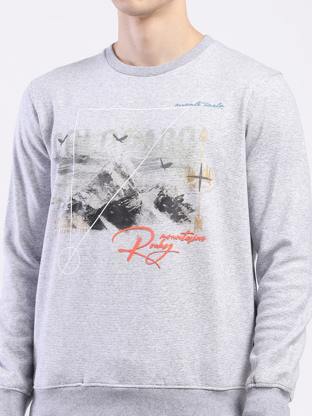 Men Grey Printed Round Neck Full Sleeve Sweatshirt