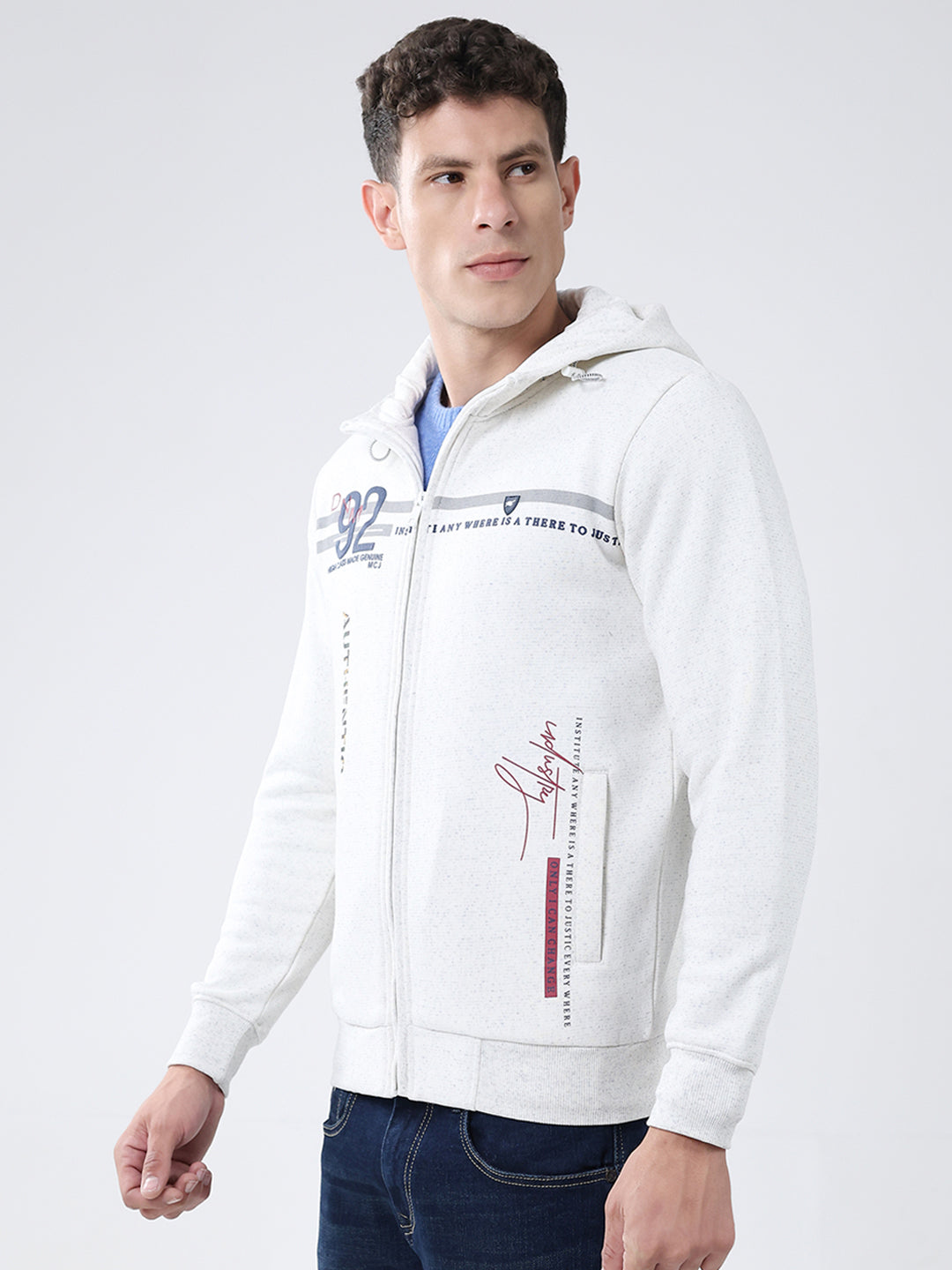 Men White Printed Hooded Full Sleeve Sweatshirt