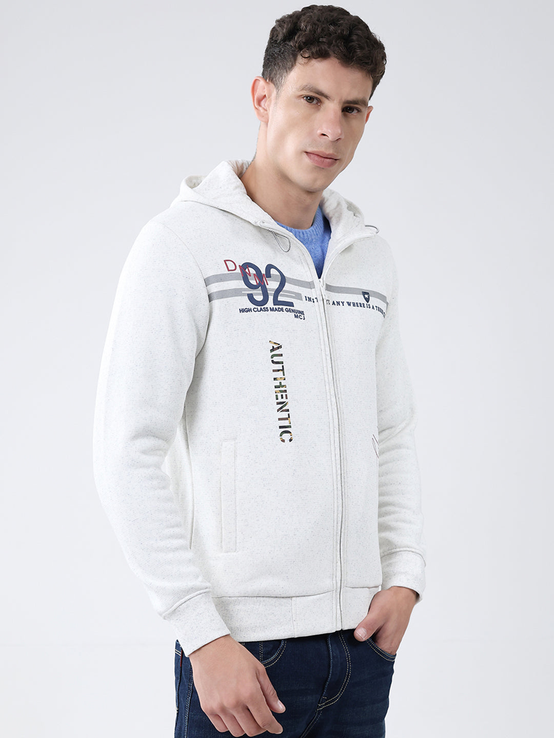 Men White Printed Hooded Full Sleeve Sweatshirt
