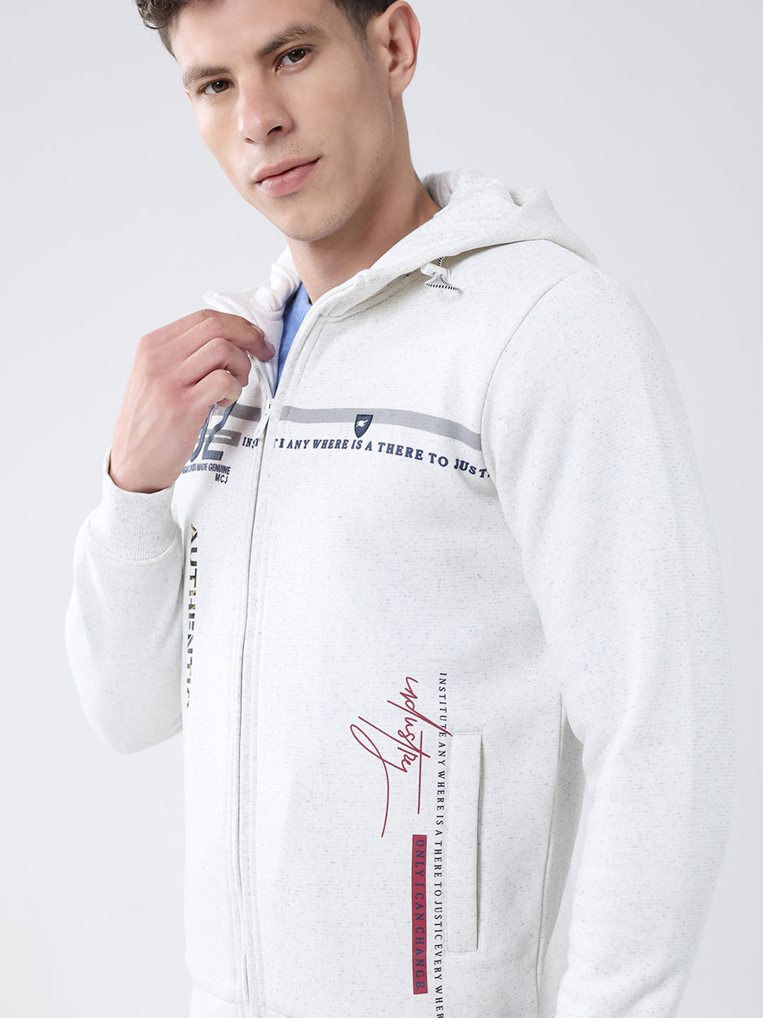 Men White Printed Hooded Full Sleeve Sweatshirt