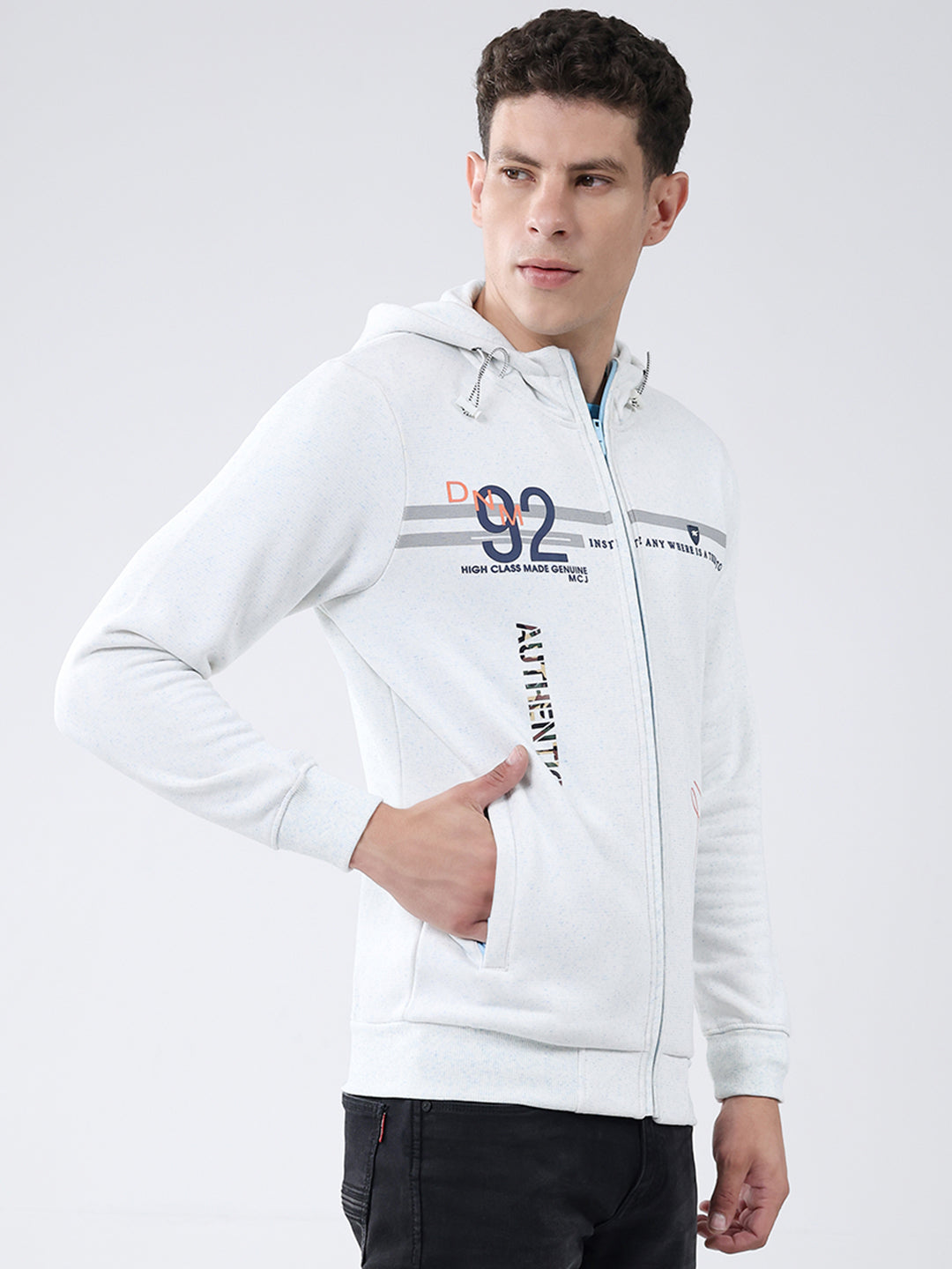 Men White Printed Hooded Full Sleeve Sweatshirt