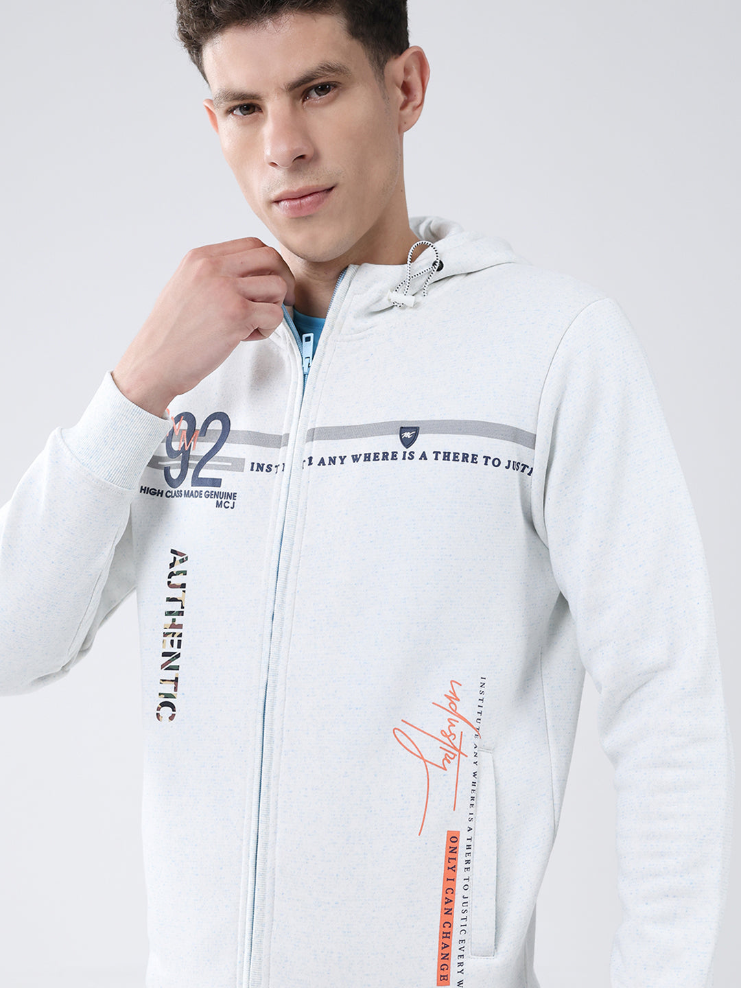 Men White Printed Hooded Full Sleeve Sweatshirt