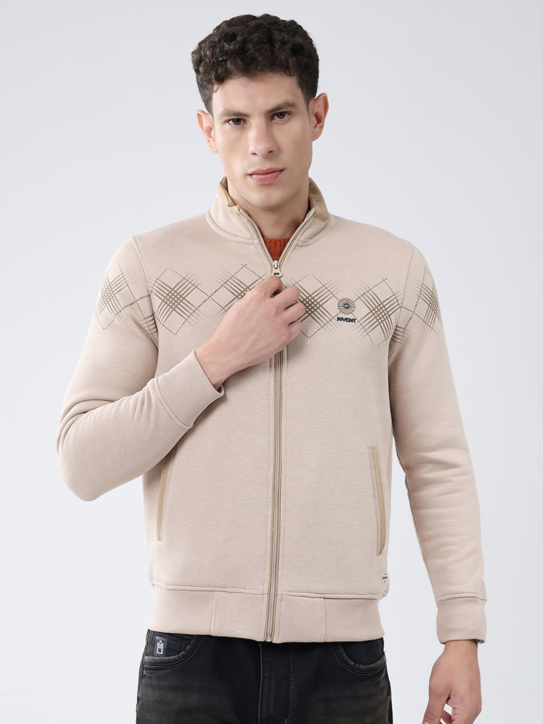 Men Beige Printed Mock Neck Full Sleeve Sweatshirt