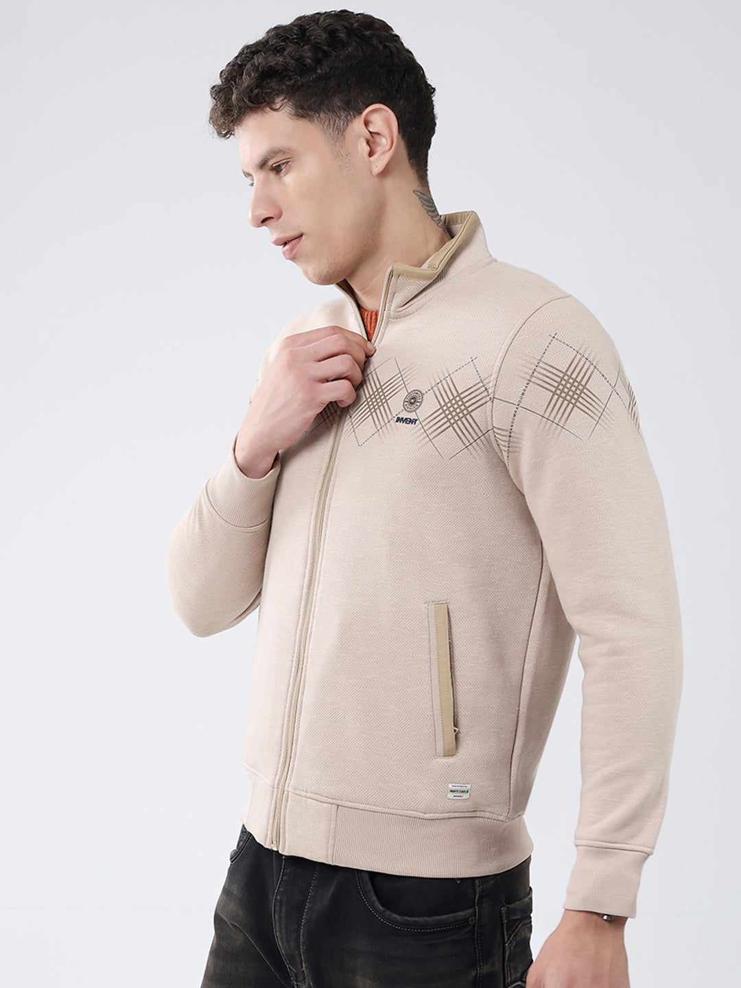 Men Beige Printed Mock Neck Full Sleeve Sweatshirt