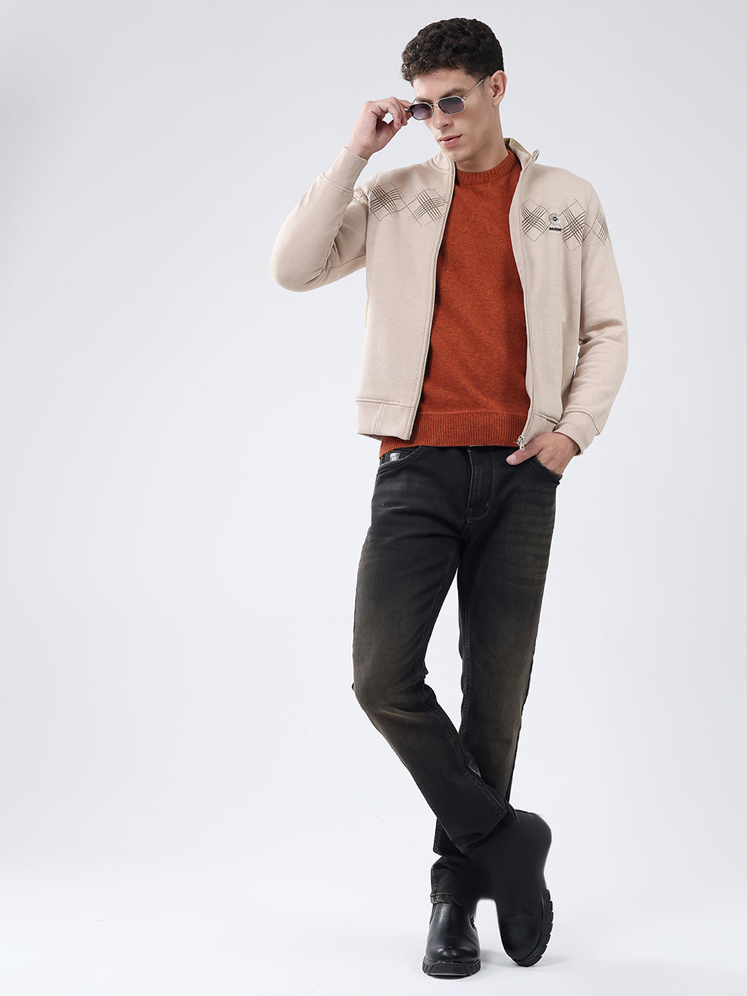 Men Beige Printed Mock Neck Full Sleeve Sweatshirt