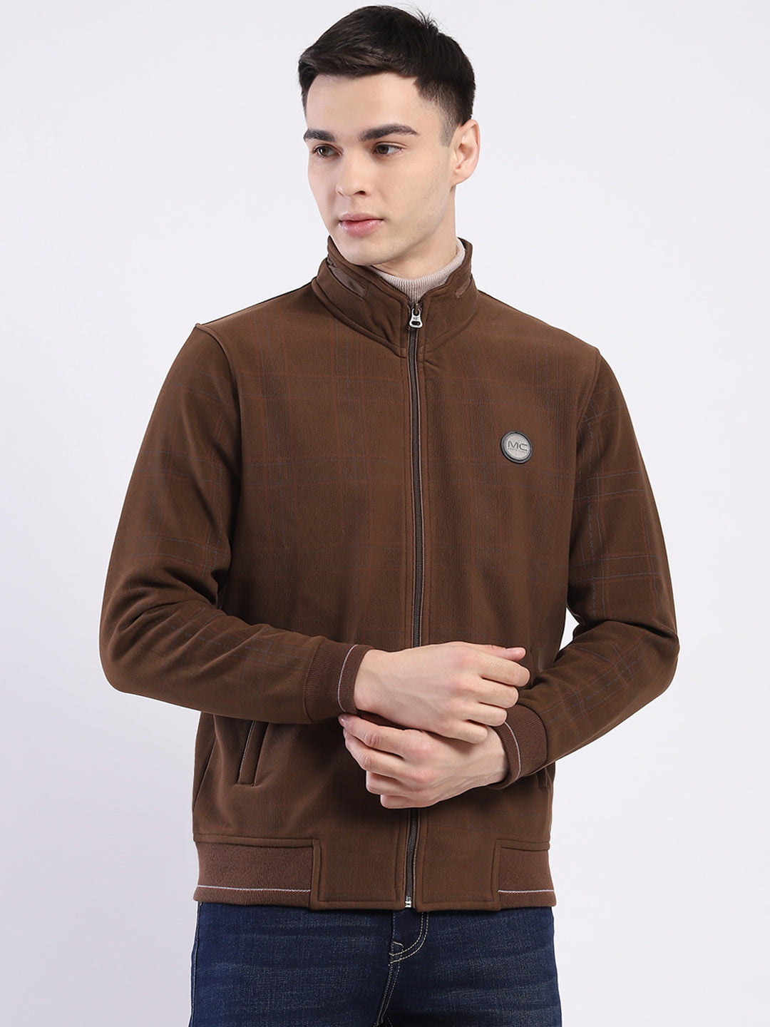 Men Brown Solid Mock Neck Full Sleeve Sweatshirt