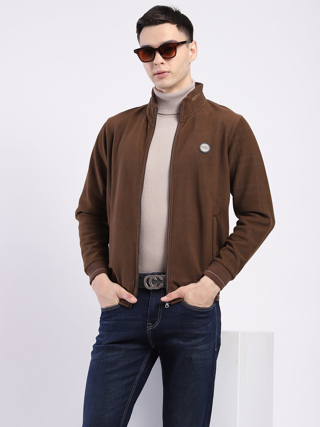 Men Brown Solid Mock Neck Full Sleeve Sweatshirt