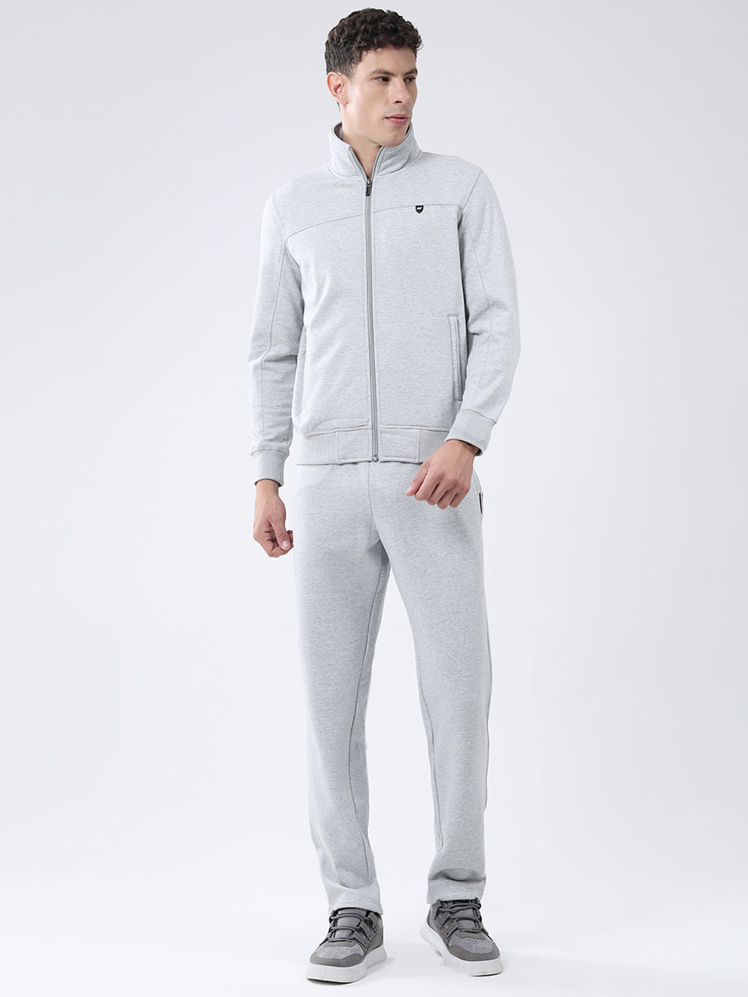 Men Grey Solid Mock Neck Full Sleeve Winter Tracksuit