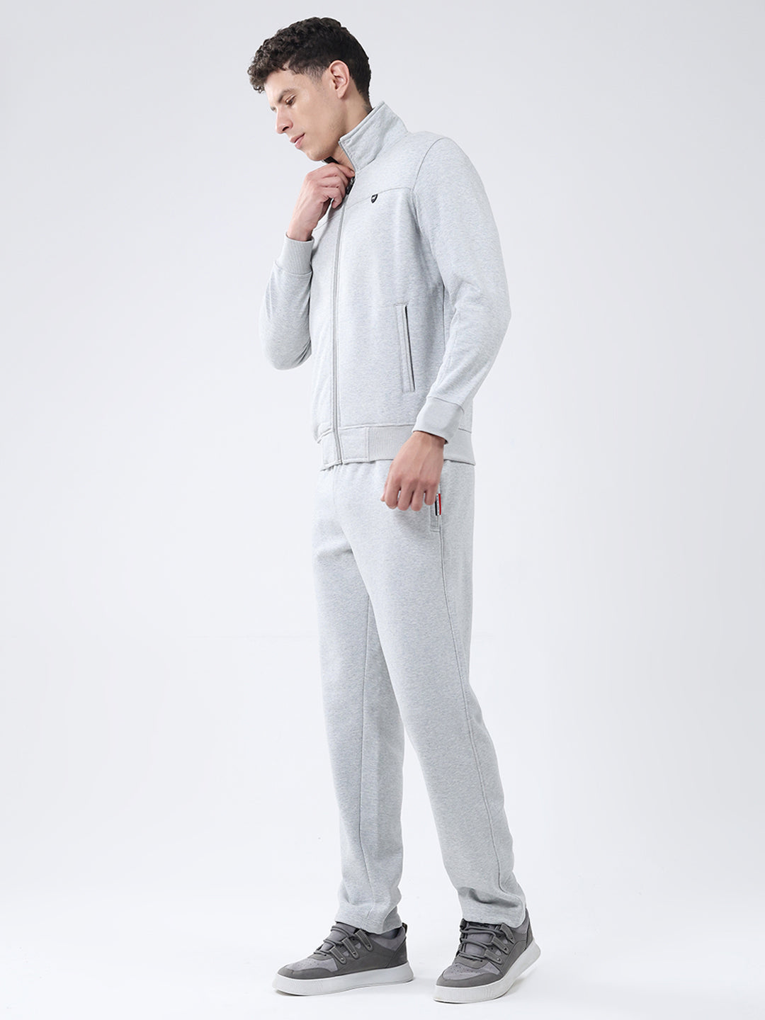 Men Grey Solid Mock Neck Full Sleeve Winter Tracksuit