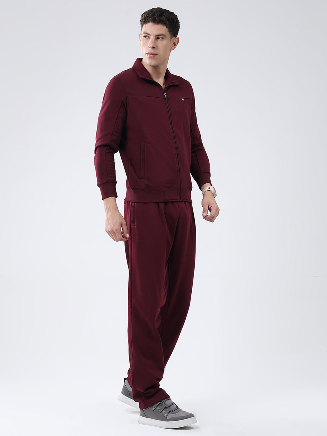 Men Maroon Solid Collar Full Sleeve Winter Tracksuit