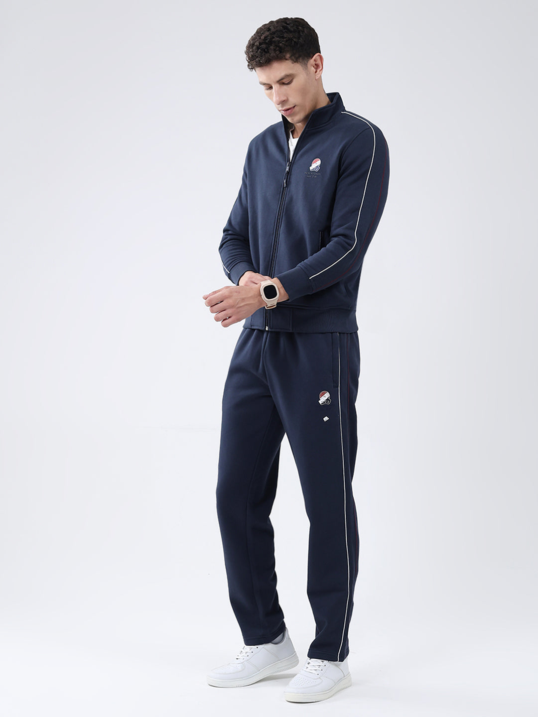 Men Navy Blue Solid Mock Neck Full Sleeve Winter Tracksuit