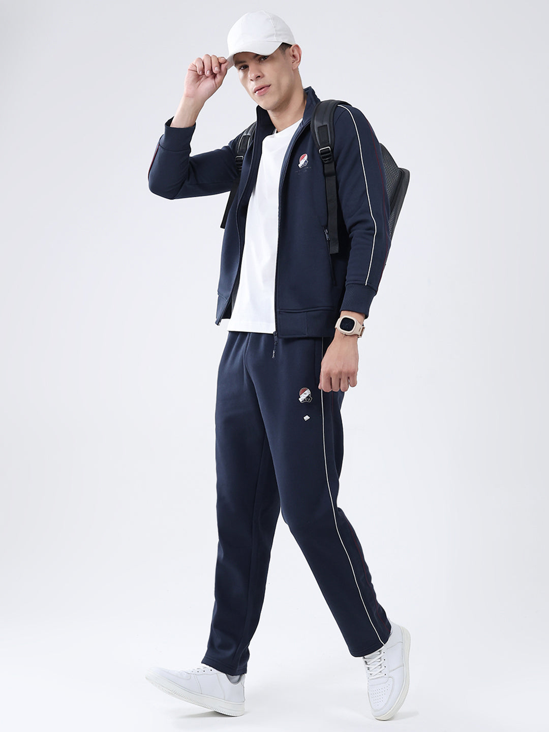 Men Navy Blue Solid Mock Neck Full Sleeve Winter Tracksuit