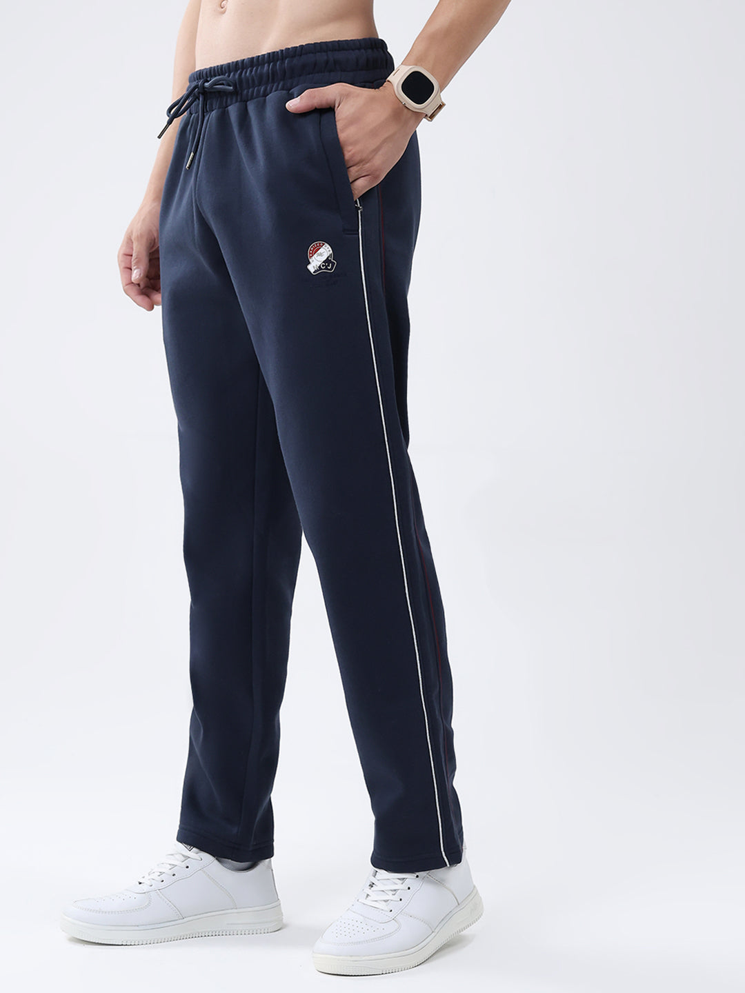 Men Navy Blue Solid Mock Neck Full Sleeve Winter Tracksuit