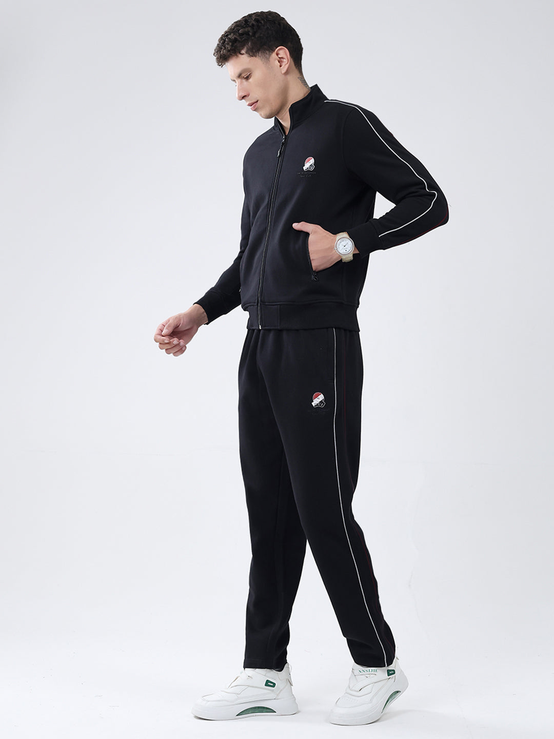 Men Black Solid Mock Neck Full Sleeve Winter Tracksuit