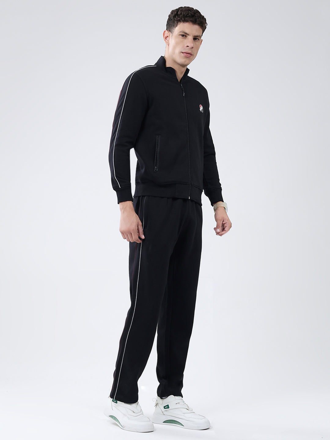 Men Black Solid Mock Neck Full Sleeve Winter Tracksuit