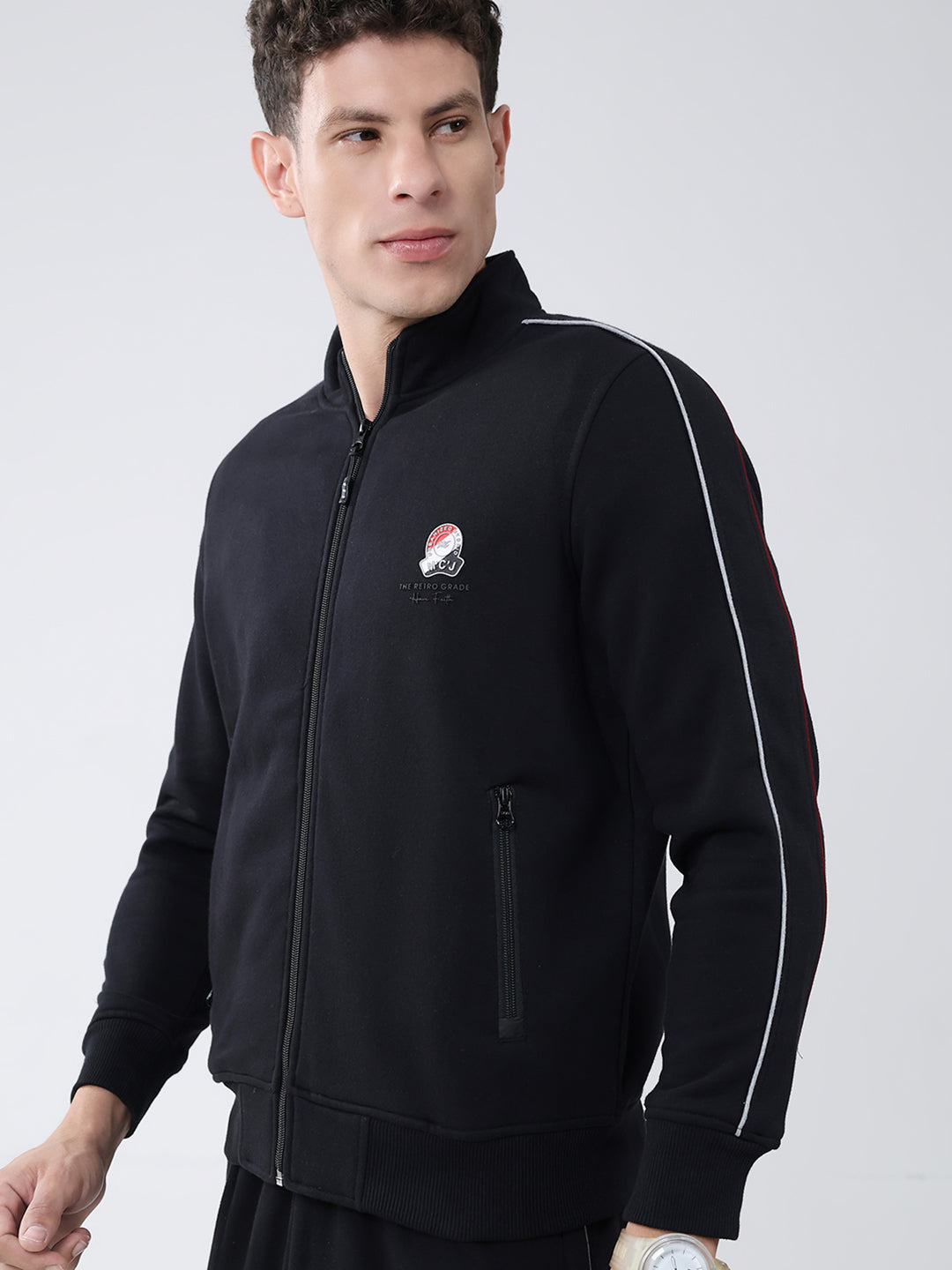 Men Black Solid Mock Neck Full Sleeve Winter Tracksuit
