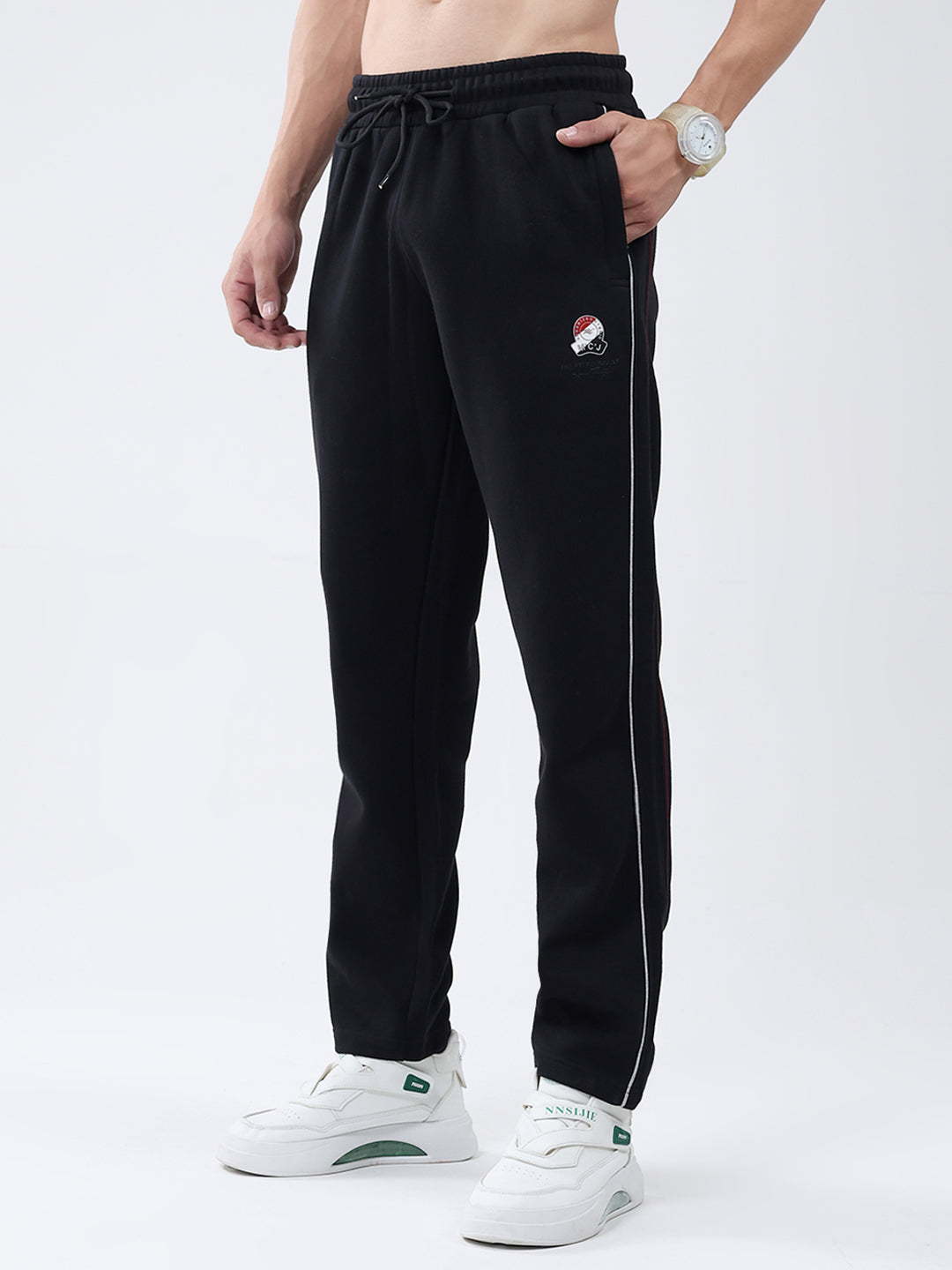 Men Black Solid Mock Neck Full Sleeve Winter Tracksuit