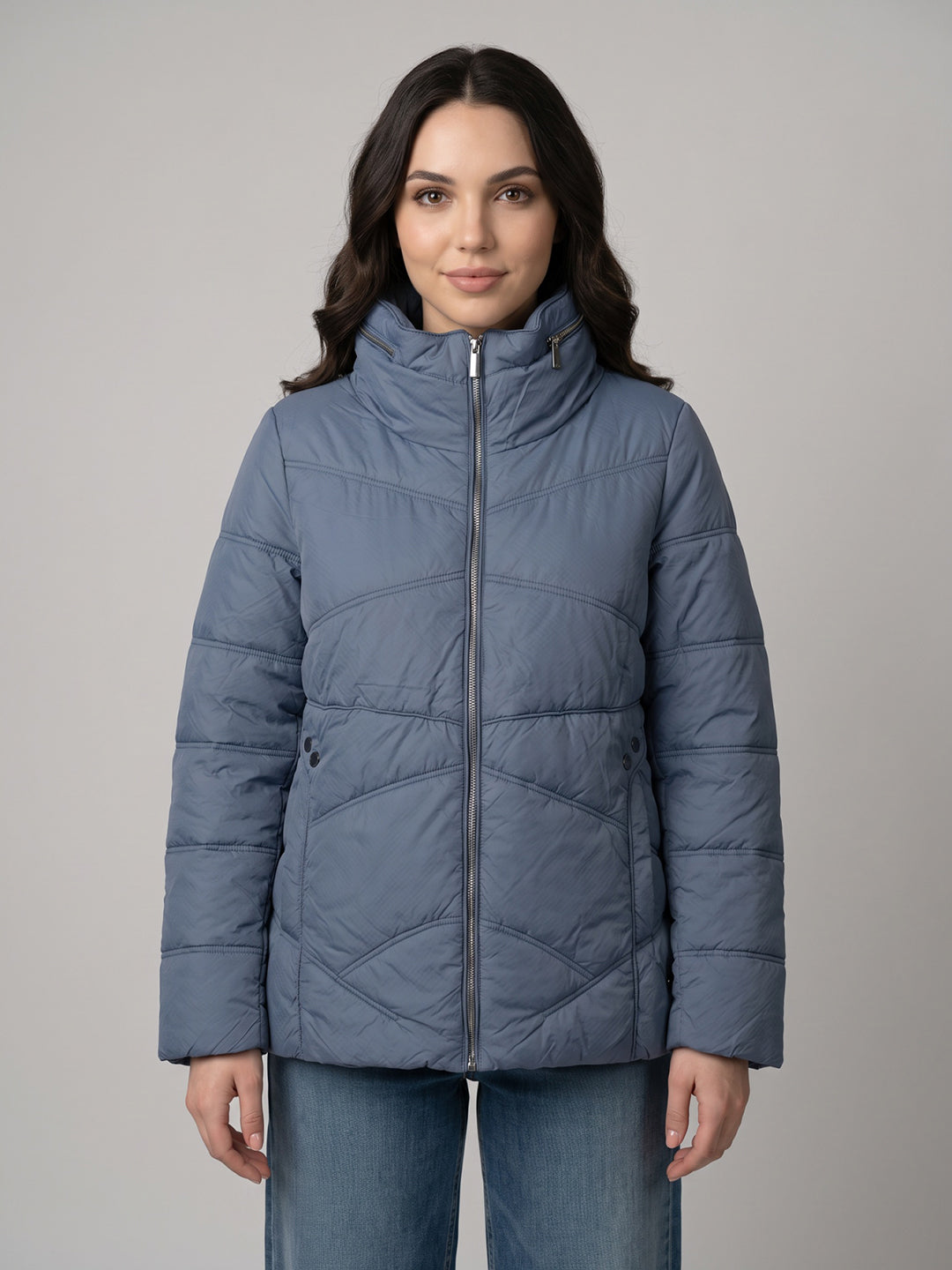 Women Blue Self Design Mock Neck Puffer Jacket with Hidden Hood
