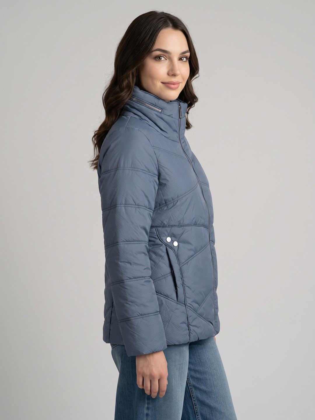 Women Blue Self Design Mock Neck Puffer Jacket with Hidden Hood