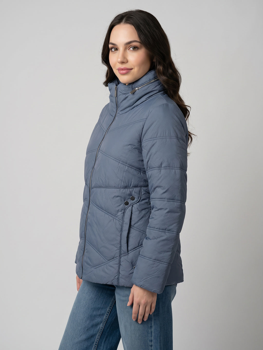 Women Blue Self Design Mock Neck Puffer Jacket with Hidden Hood