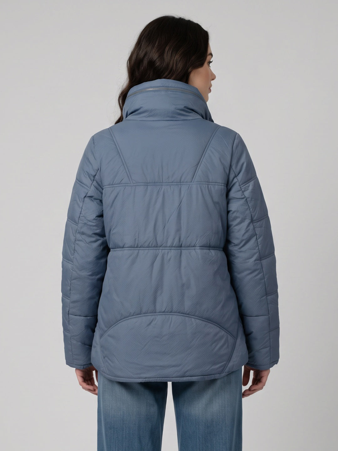 Women Blue Self Design Mock Neck Puffer Jacket with Hidden Hood
