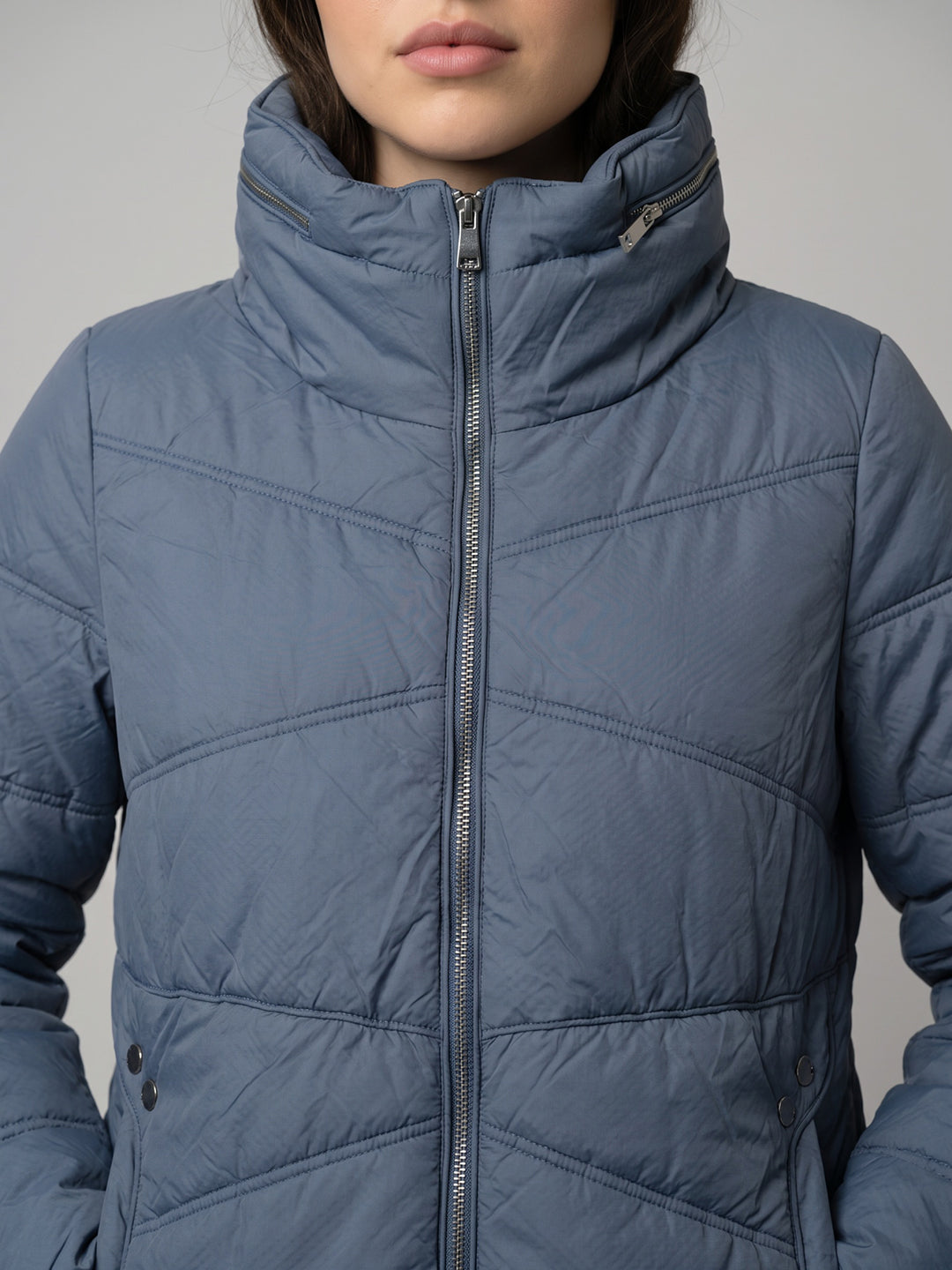 Women Blue Self Design Mock Neck Puffer Jacket with Hidden Hood