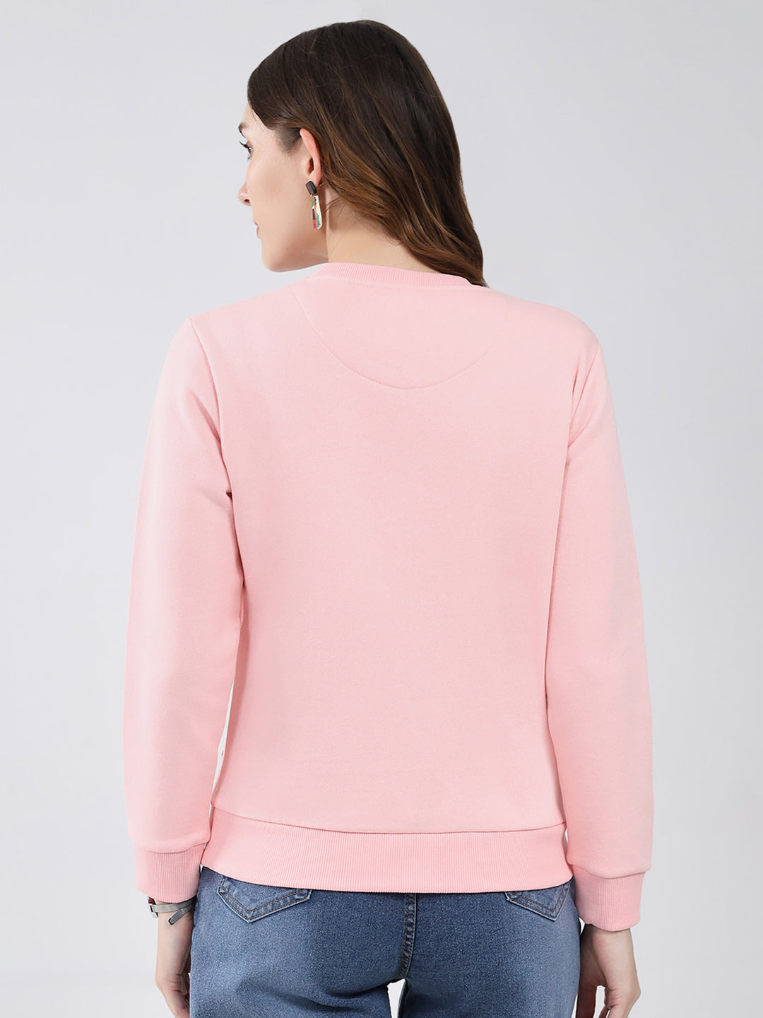 Women Pink Printed Round Neck Full Sleeve Sweatshirt