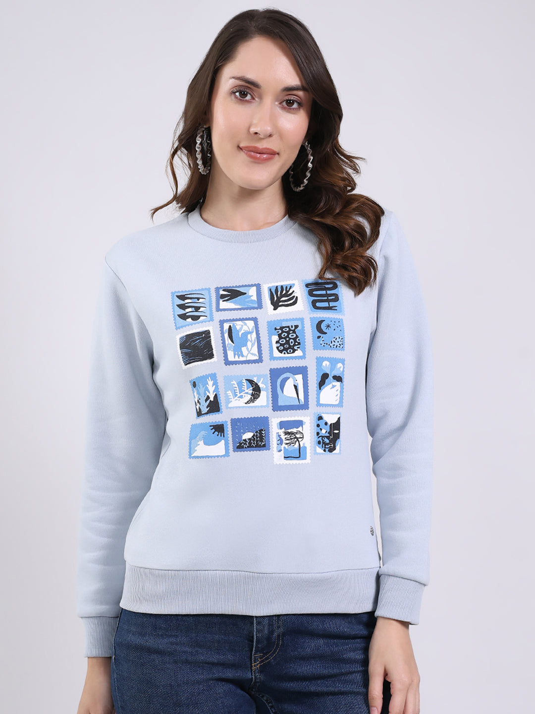 Women Blue Printed Round Neck Full Sleeve Sweatshirt