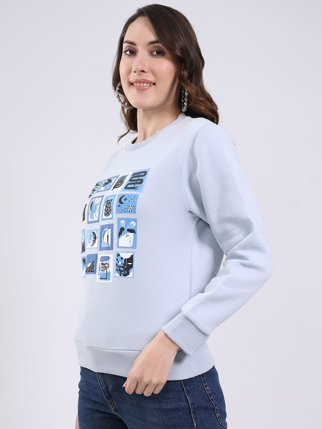 Women Blue Printed Round Neck Full Sleeve Sweatshirt