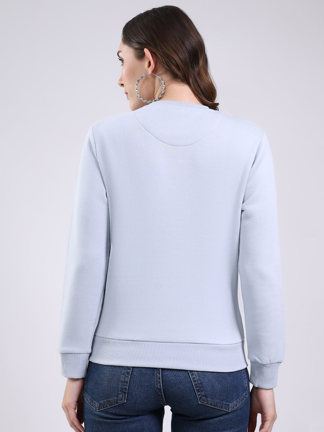 Women Blue Printed Round Neck Full Sleeve Sweatshirt