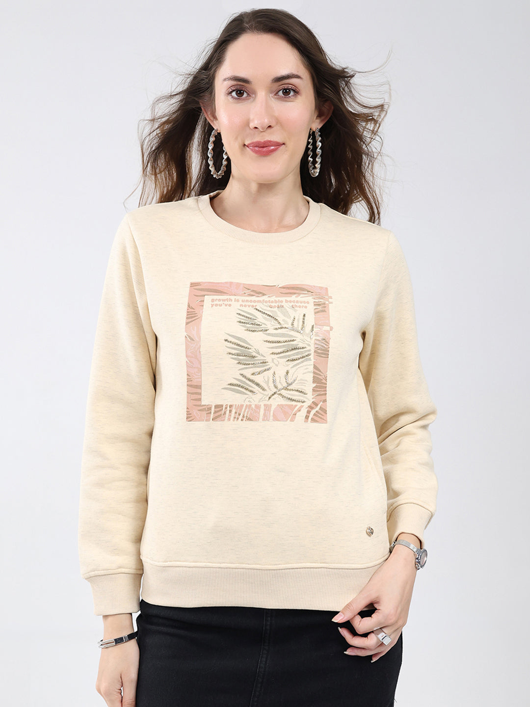 Women Beige Printed Round Neck Full Sleeve Sweatshirt