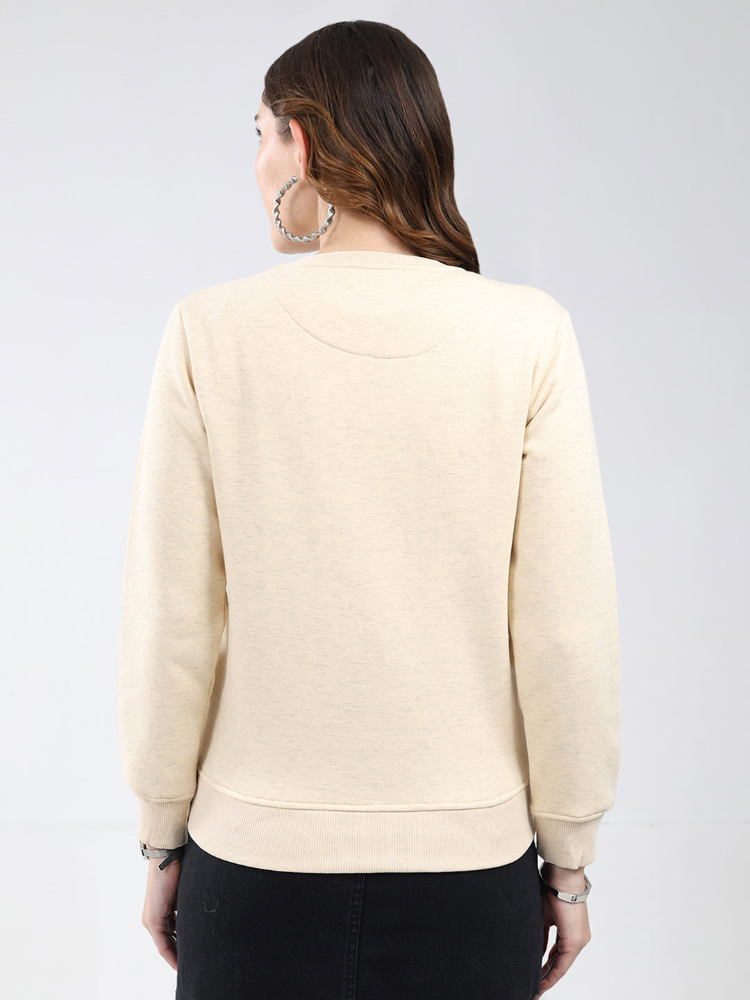 Women Beige Printed Round Neck Full Sleeve Sweatshirt