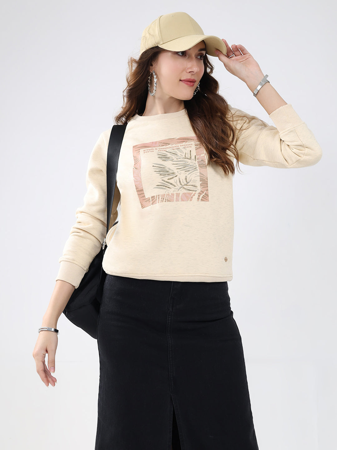 Women Beige Printed Round Neck Full Sleeve Sweatshirt