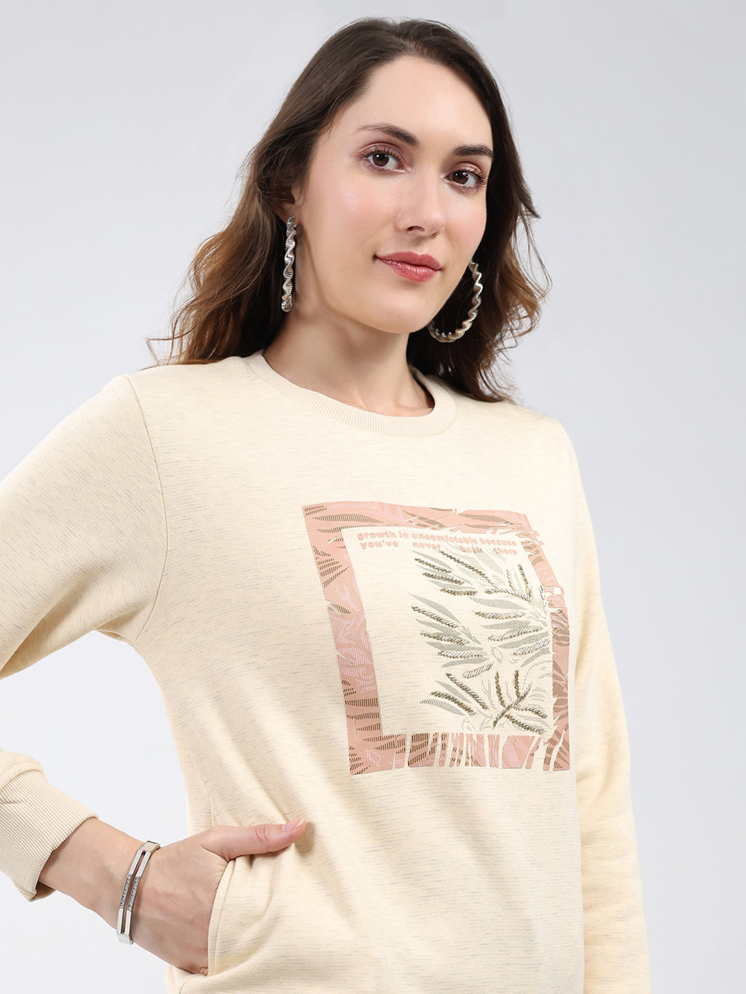 Women Beige Printed Round Neck Full Sleeve Sweatshirt