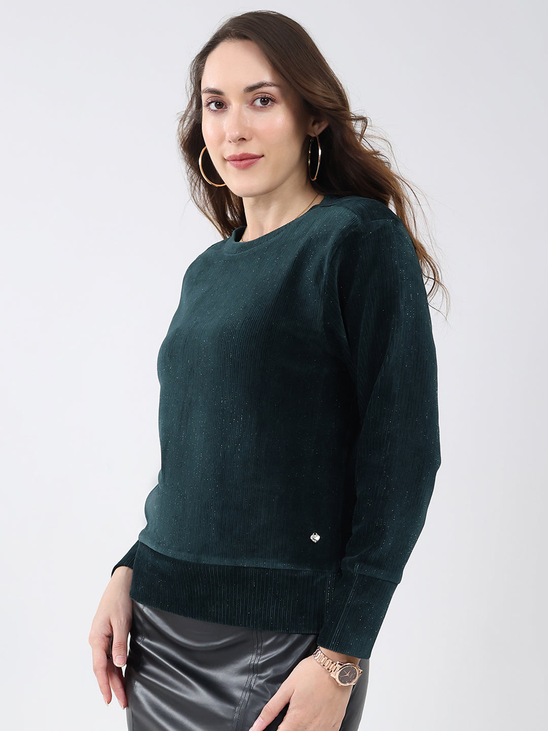 Women Bottle Green Solid Round Neck Full Sleeve Sweatshirt