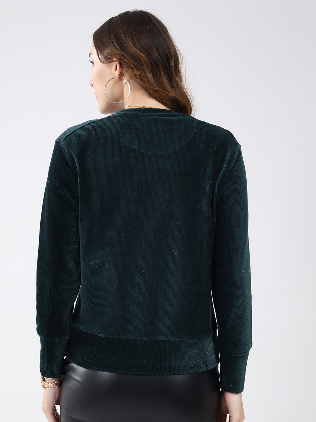 Women Bottle Green Solid Round Neck Full Sleeve Sweatshirt