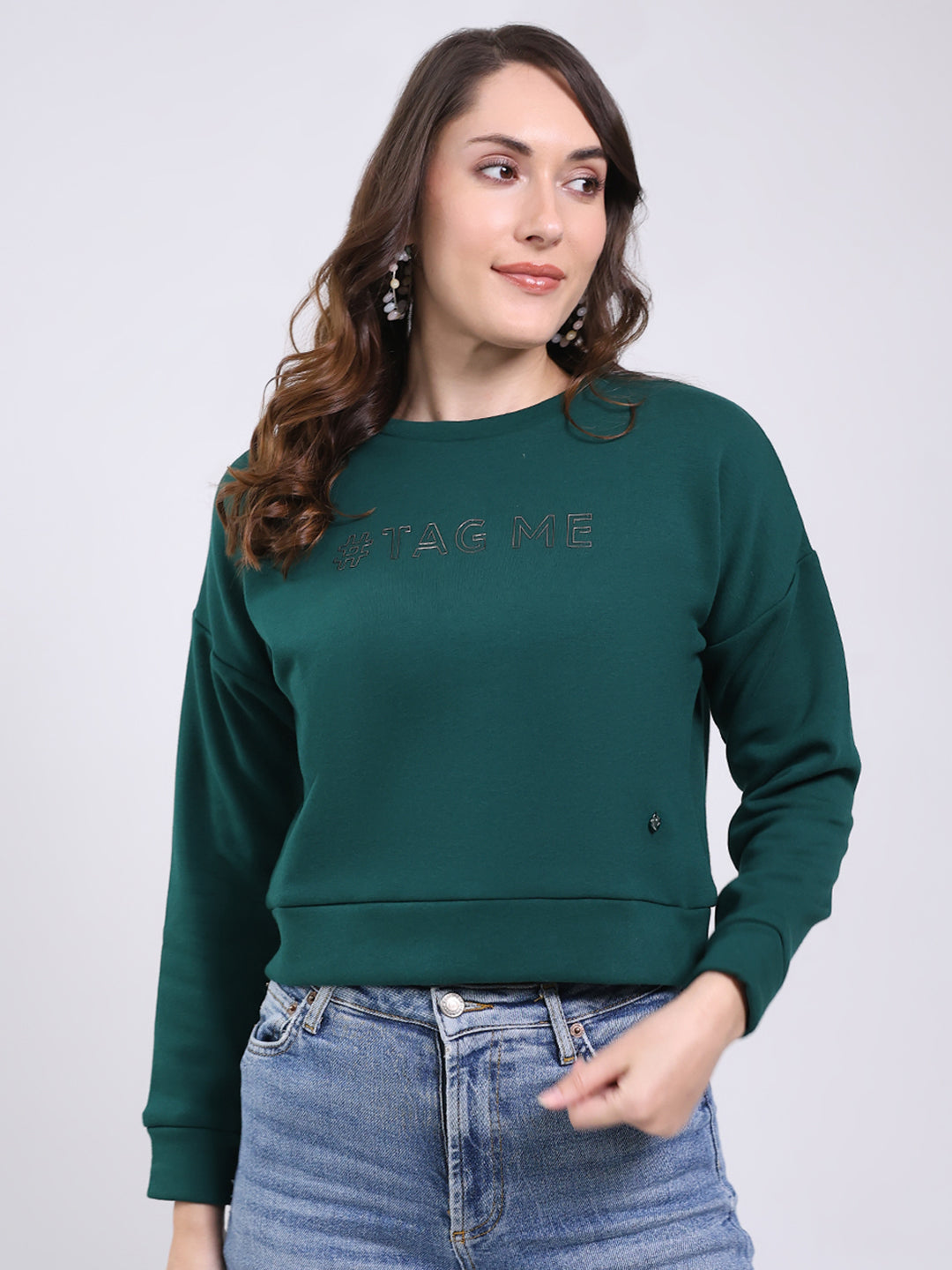 Women Green Printed Round Neck Full Sleeve Sweatshirt
