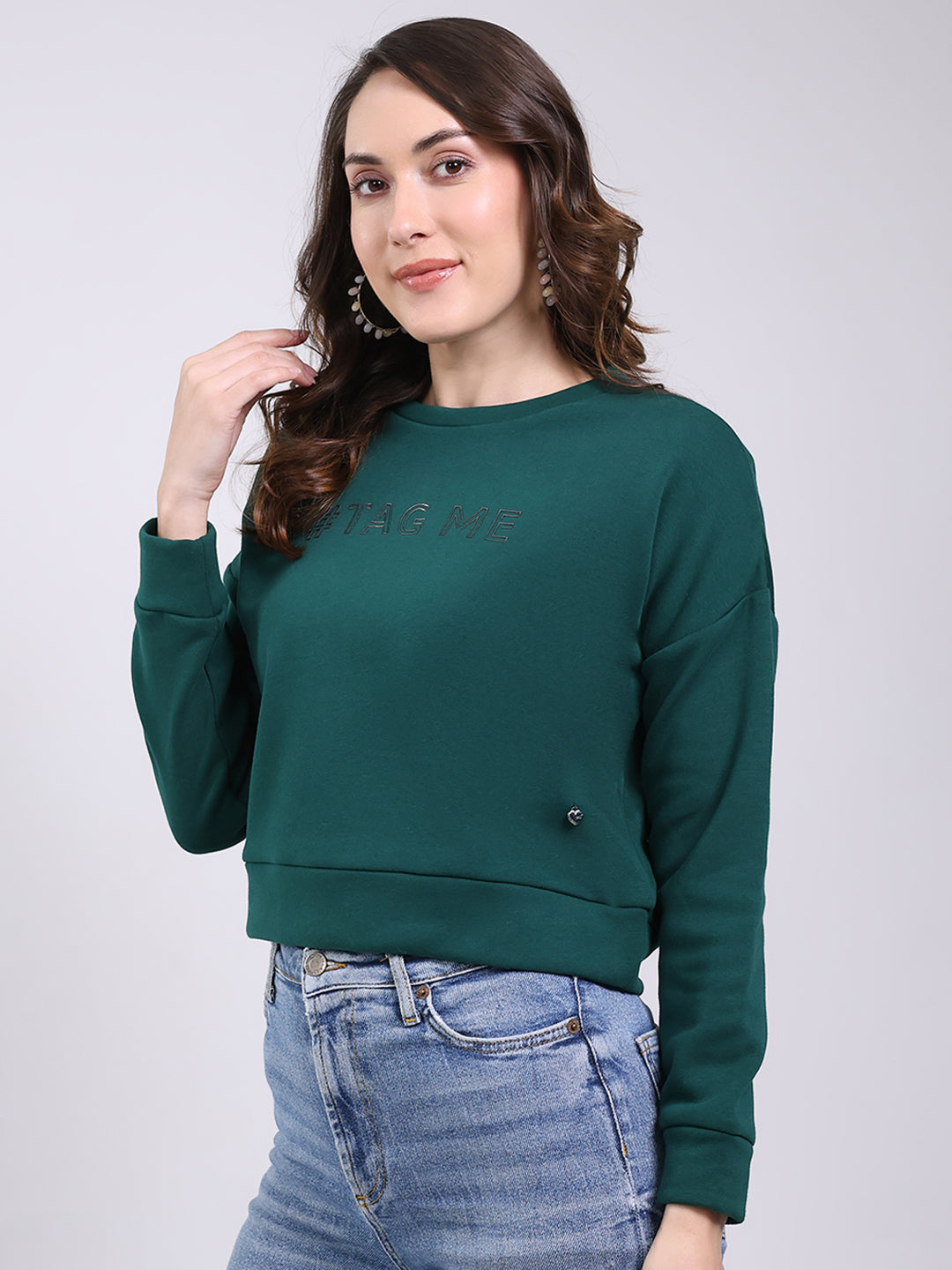 Women Green Printed Round Neck Full Sleeve Sweatshirt