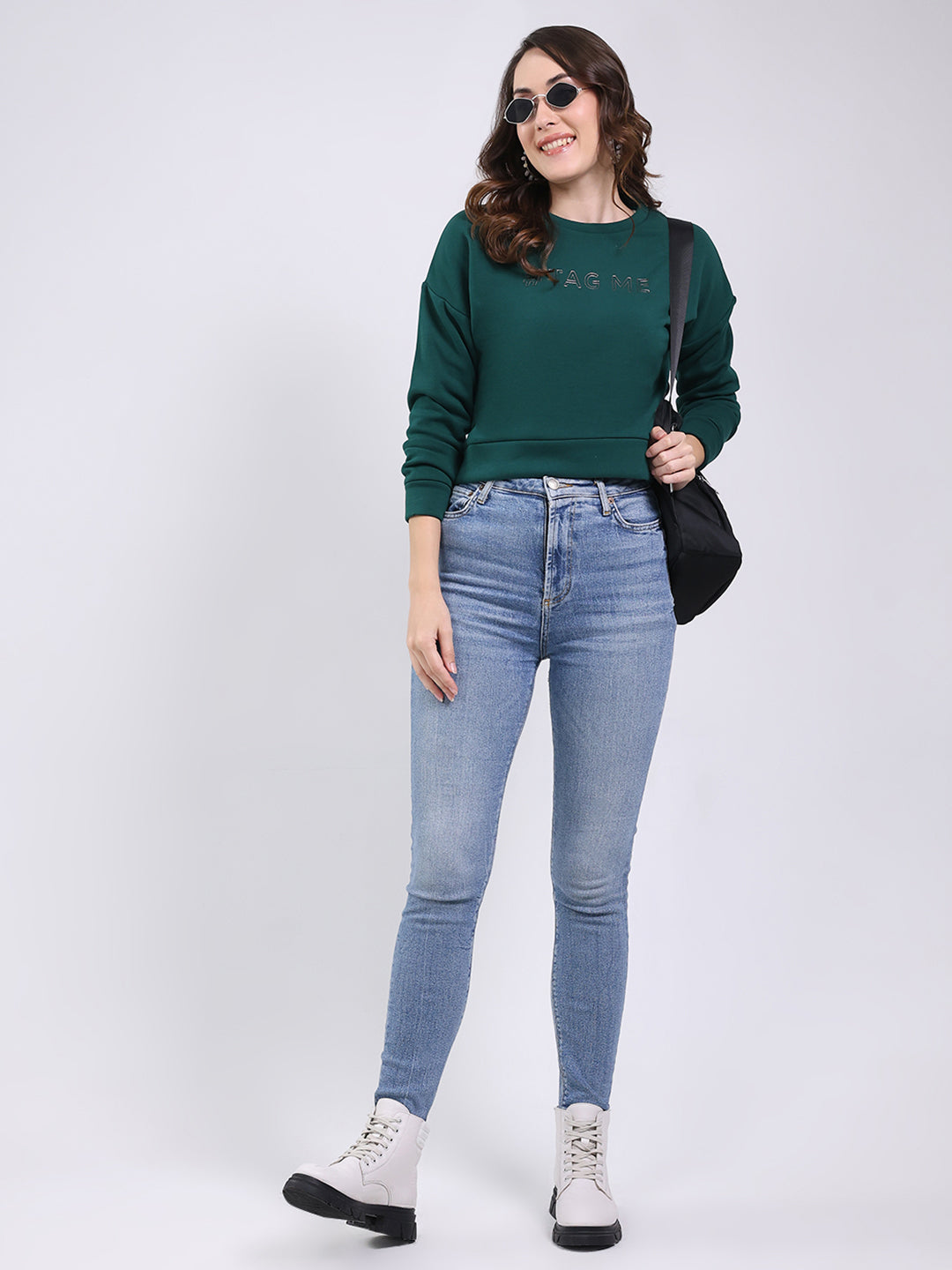 Women Green Printed Round Neck Full Sleeve Sweatshirt
