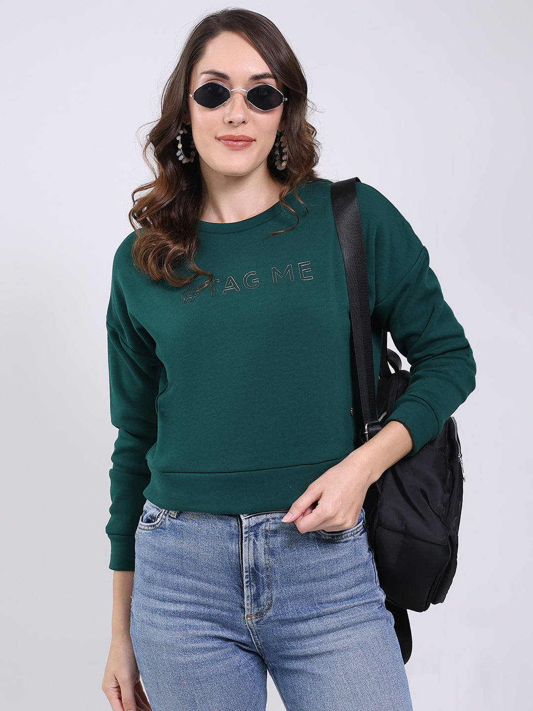 Women Green Printed Round Neck Full Sleeve Sweatshirt