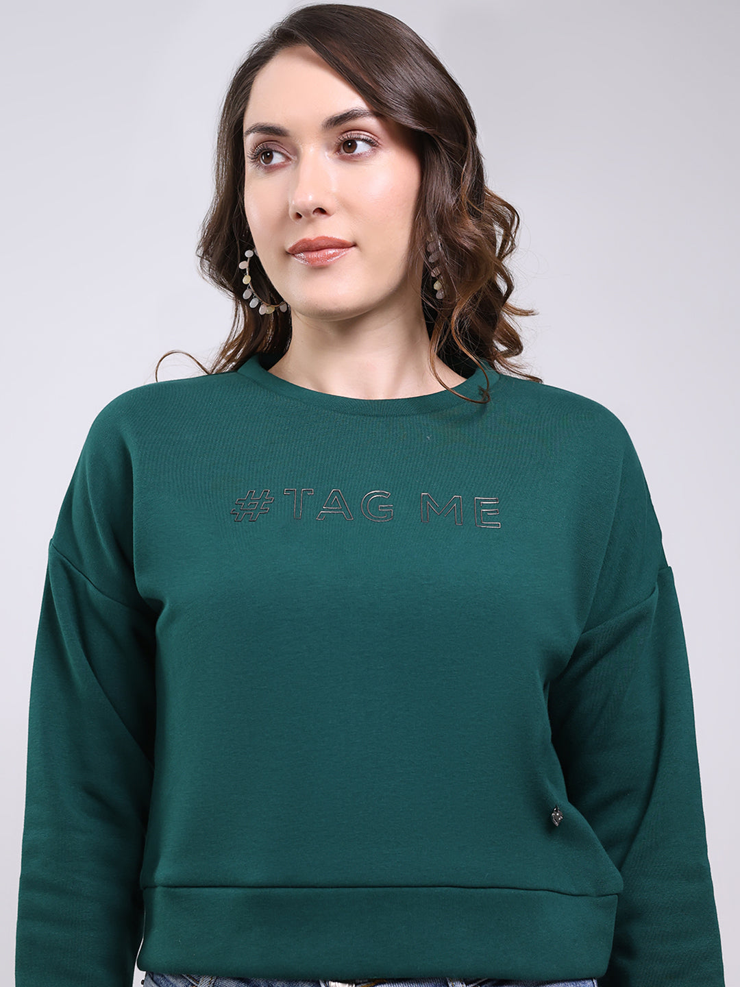 Women Green Printed Round Neck Full Sleeve Sweatshirt