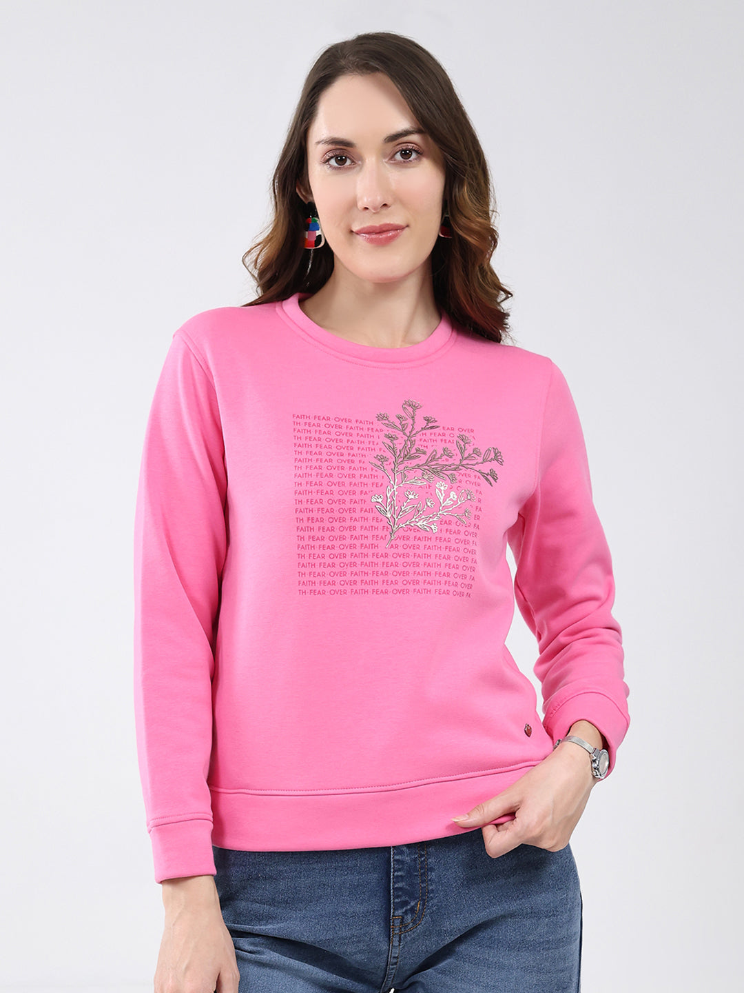 Women Pink Printed Round Neck Full Sleeve Sweatshirt